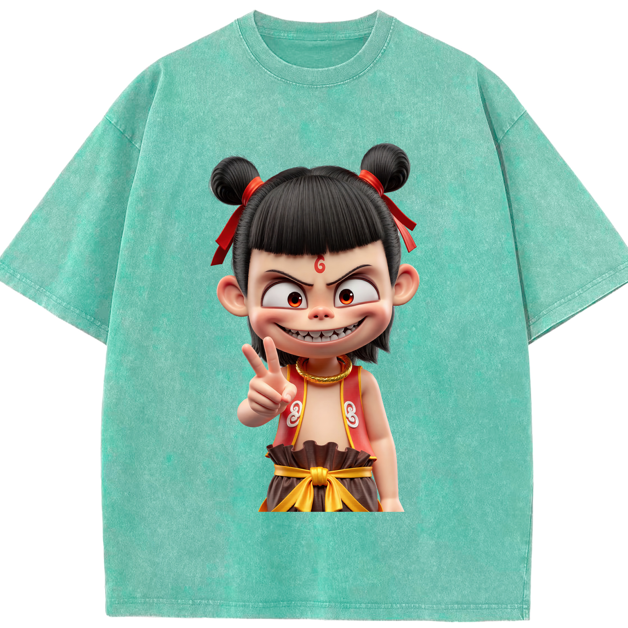 （画像用） Ne Zha 2 ナタ 魔童の大暴れ 綿100% ヴィンテージ風 半袖Tシャツ（フロントプリント）
